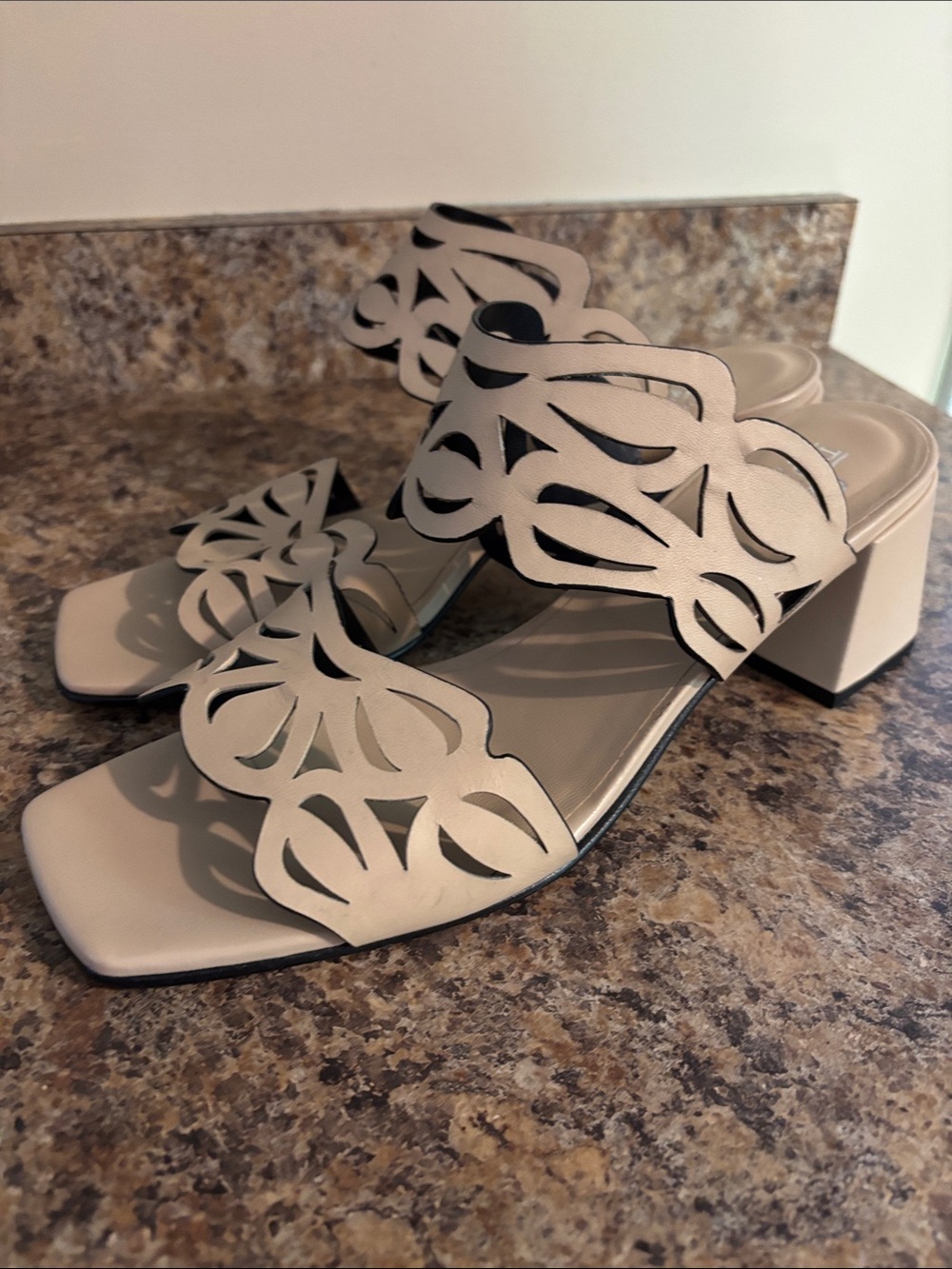 Scalloped Cutout Block Heel Sandals in Cream